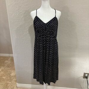 LOFT Navy with Cream Polka Dot Spaghetti Strap Midi Dress Size LP